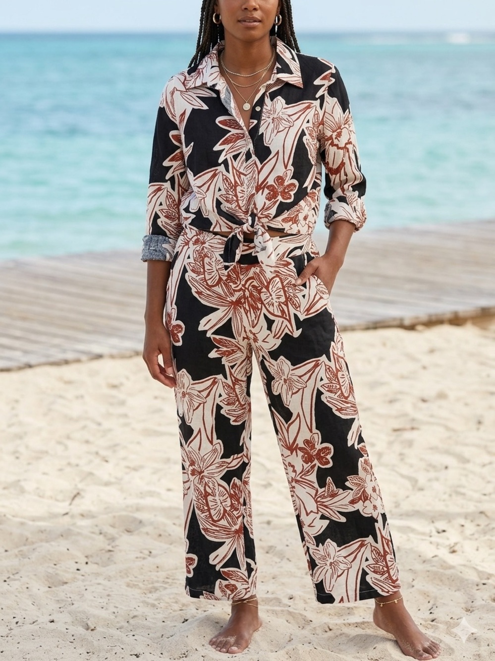 NWT Rachel Zoe Linen Blend Tropical Floral 2-Piece Set Crop Top Wide Leg Pant L
